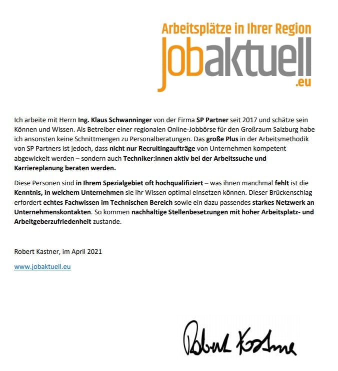 Referenzschreiben JobAktuell an SP & Partner
